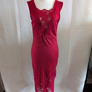 H&M Red Lace Stretch Midi Dress Size 8 Bodycon Wedding Guest Party